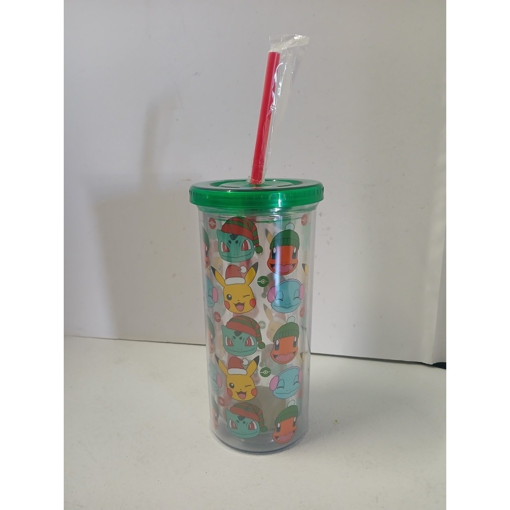 Pokemon 20oz Tumbler w/Lid and‎ Straw - Charmander Squirtle Bulbasaur Pikachu